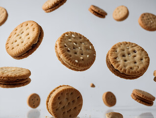 biscuit cookie flying isolated on white, clipping path