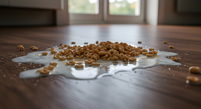 Breakfast Blunder: Spilled Cereal with Milk on the Wooden Floor