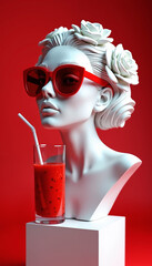Bust of a woman with sunglasses enjoying a red drink against red background  