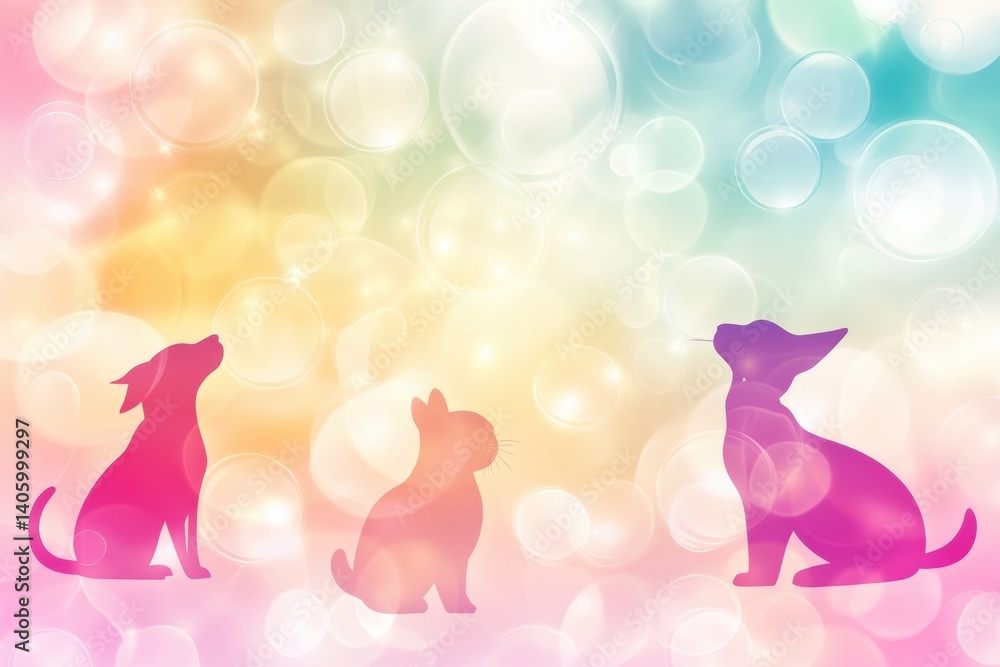 Poster vibrant silhouettes of animals against a soft gradient background with bubbles creating a playful an