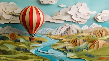 landscape with river ,hot ballon and boat