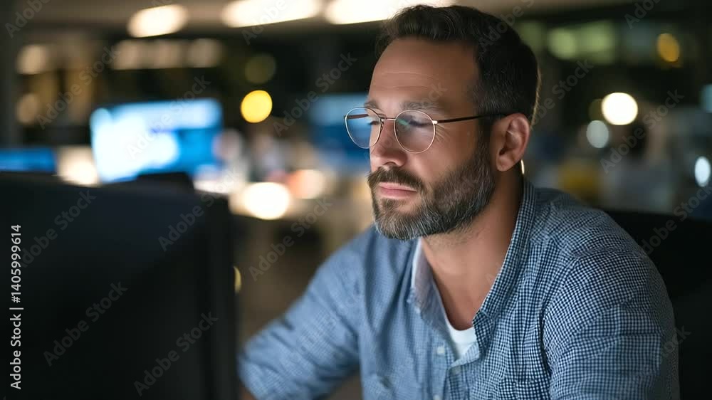 Poster a focused professional diligently monitors data backup processes in a dimly lit office environment.