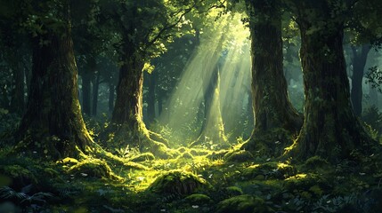 Obraz premium High detail forest background featuring intricate textures of moss covered trunks lush undergrowth radiant beams of light casting lively patterns