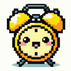 Obraz premium Cute Pixel Art Alarm Clock with Happy Face in Retro 8-Bit Style