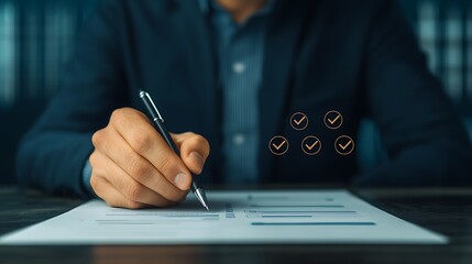 Completion Checkmarks: Person Completing Tasks with Pen on Document Showing Positive Results and Task Completion, Progress
