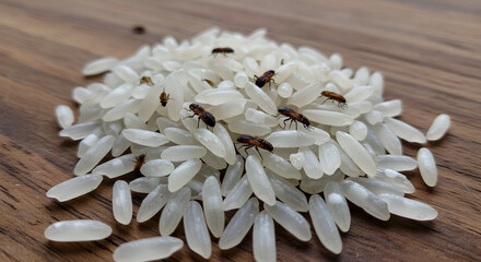 Infestation of rice weevils crawling on spilled rice grains on a wooden surface