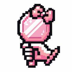 Fototapeta premium Retro Pink Pixel Hand Holding Mirror with Bow - Nostalgic Pixel Art Illustration