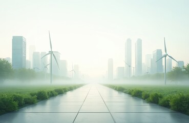 Illustration of modern city with wind turbines. Green grass path leads to skyscrapers, renewable energy eco-friendly technologies. Sustainable development concept for future cities. Alternative power