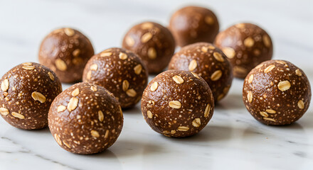 Delicious Chocolate Oat Energy Balls on White Marble Tabletop