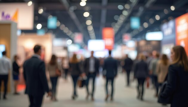 Expo hall scene. Conference attendees networking, blurred background. Business conference, presentation, exhibition, innovation, marketing, branding, sales, growth. Focus on community engagement,