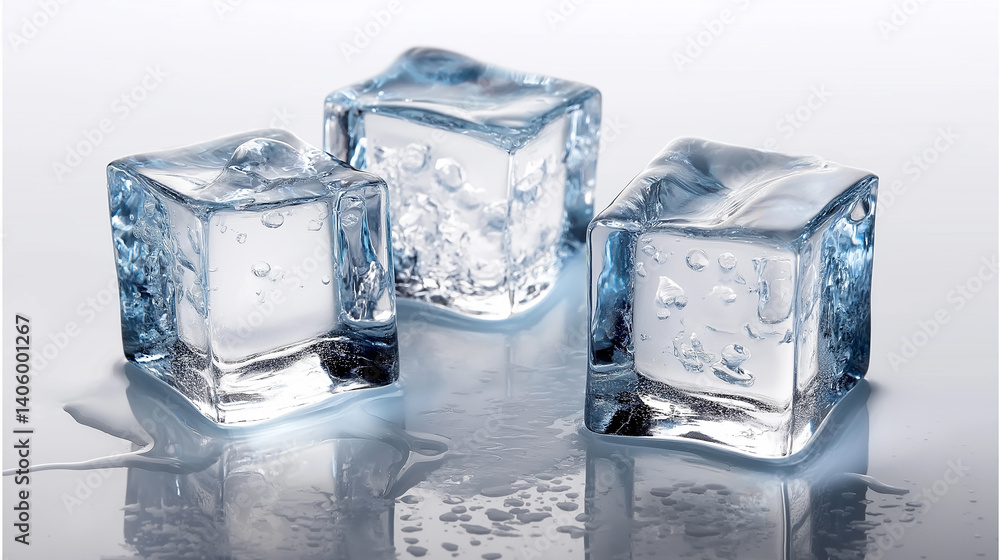Poster three ice cubes melting on reflective surface with water droplets