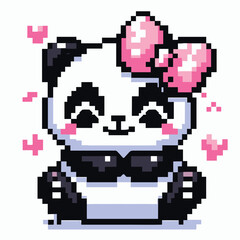 Cute Pixelated Panda with Pink Bow and Hearts Retro Pixel Art
