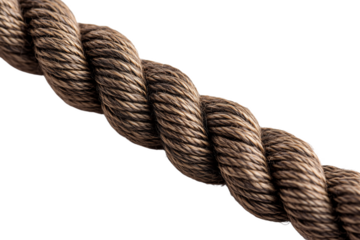 Detailed Close Up of Twisted Brown Rope on Transparent Background with Diagonal Presentation Showing Texture and Braided Structure