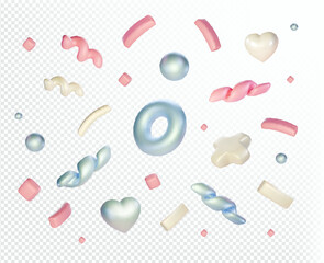 Vector 3d confetti firework particles. Firework carnival elements. Birthday party pastel realistic firecracker icons, cute design elements isolated. Serpentine decoration ribbon. heart