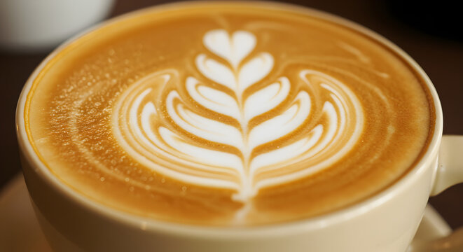 Delicious latte art tulip design in ceramic cup close up view