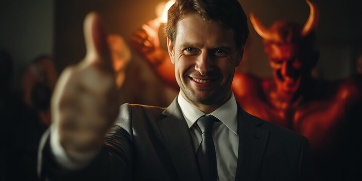 Businessman showing thumbs up with devil on background