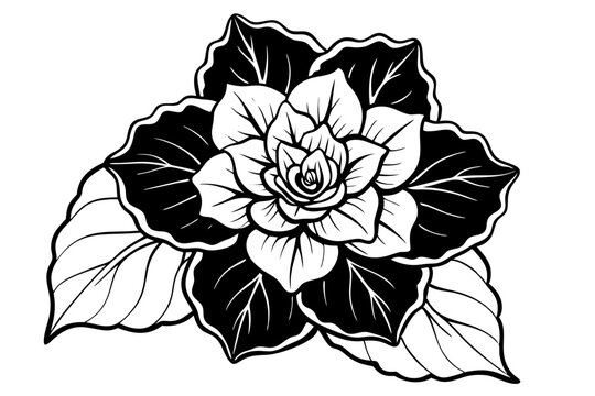 black and white flower with leaves clip art preview