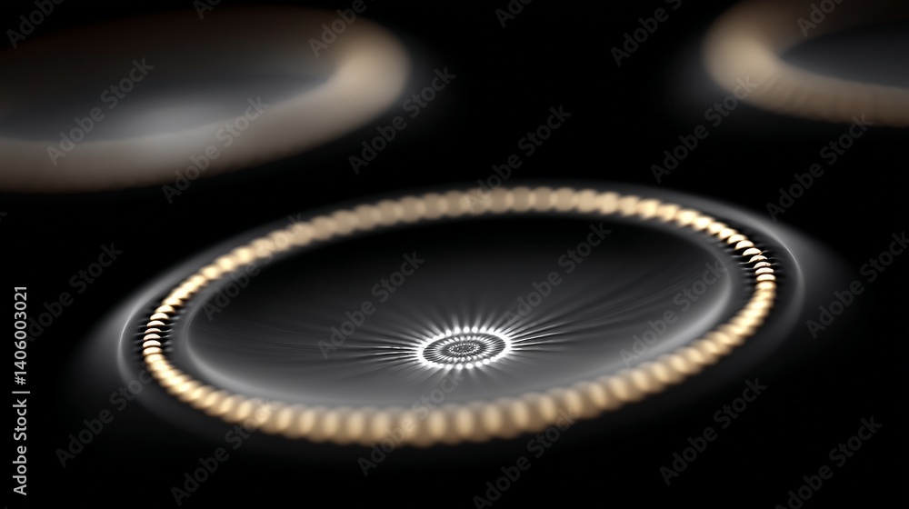 Poster circular black disc with glowing golden outer ring over dark background showing futuristic interface