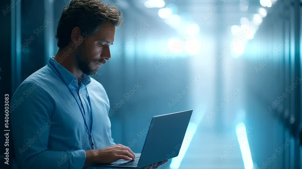 Aufkleber chief technology officer analyzing cloud infrastructure in a data center with digital cloud graphics