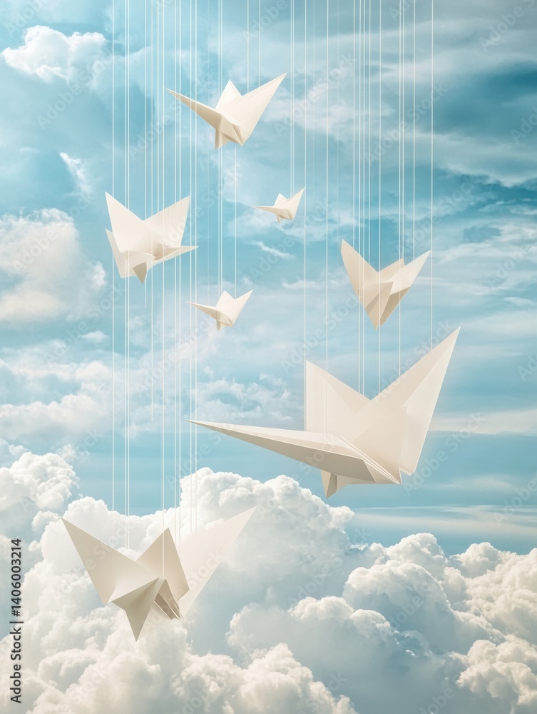 Poster soft sky adorned with hanging paper planes and gentle clouds in a whimsical and imaginative setting