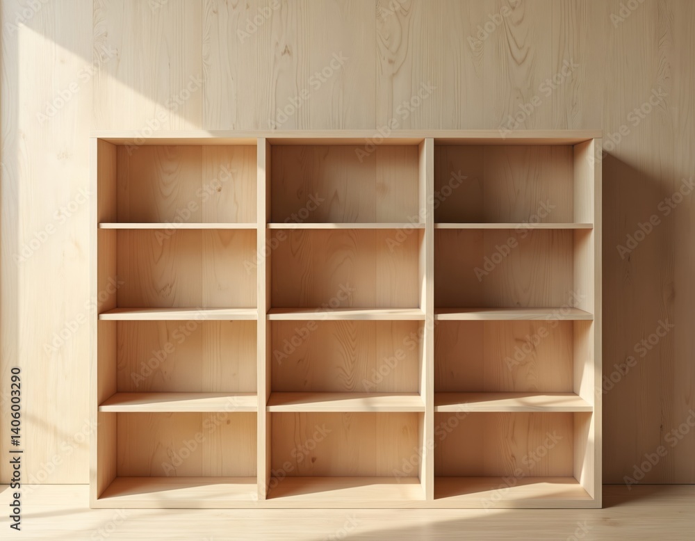 Poster minimalist wooden display shelf with multiple empty compartments against light wood background. invi