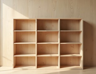 Minimalist wooden display shelf with multiple empty compartments against light wood background. Inviting creativity, organization in contemporary home decor. Perfect for interior design projects