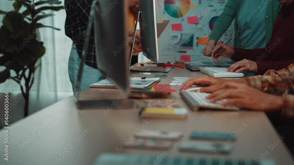 Poster diverse professionals actively engage in teamwork within a modern office, analyzing data and discuss