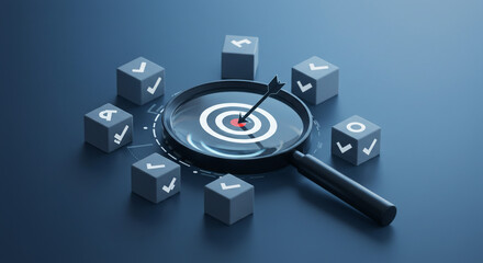 Target achieved magnifying glass shows success business goals met perfect aim
