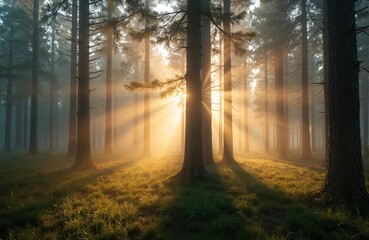 Obraz premium Early morning forest scene with sunlight rays. Morning fog and mist in park. Sunbeams shine through trees in woods, create landscape. Beautiful nature scenery at sunrise.