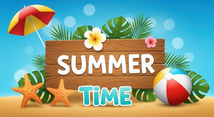 Summer time text with umbrella and beach ball elements on bright blue tropical theme background
