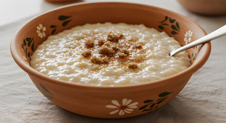 Creamy Rice Porridge With Brown Sugar In Rustic Ceramic Bowl