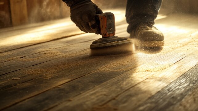 Construction worker sanding a wooden surface. Featuring surface preparation and woodworking