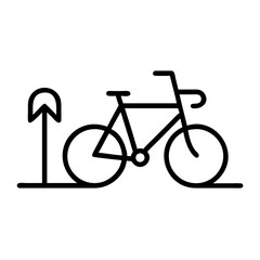Bicycle parked at a bike rack. Simple line art illustration.
