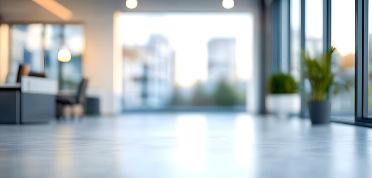 Bright and spacious office space in an unfocused view. Modern blurred background photo for banner, poster or magazine and website background.