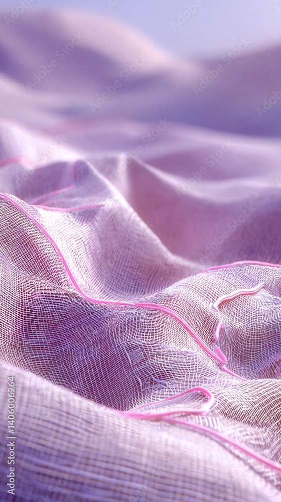 Poster Close-up of lilac fabric texture with pink lines, creating a soft, flowing appearance, showcasing delicate details and subtle light play, ideal for background or design concepts