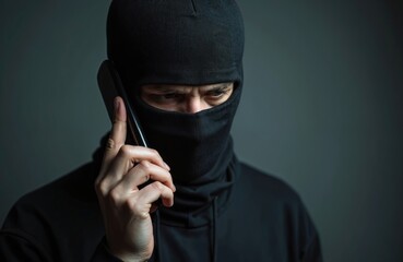 Man in black balaclava uses mobile phone. Face covered by mask. Cybercrime concept. Criminal on phone, fraud, scam. Threatening call, extortion, robbery, theft, financial crime.
