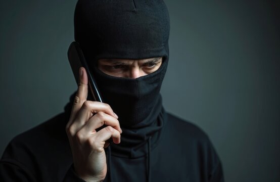 Man in black balaclava uses mobile phone. Face covered by mask. Cybercrime concept. Criminal on phone, fraud, scam. Threatening call, extortion, robbery, theft, financial crime. - Powered by Adobe