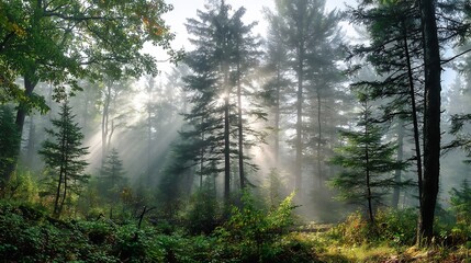 Fototapeta premium Ethereal forest panorama where soft early morning fog mingles beams of light over a mixed woodland of evergreens and deciduous trees
