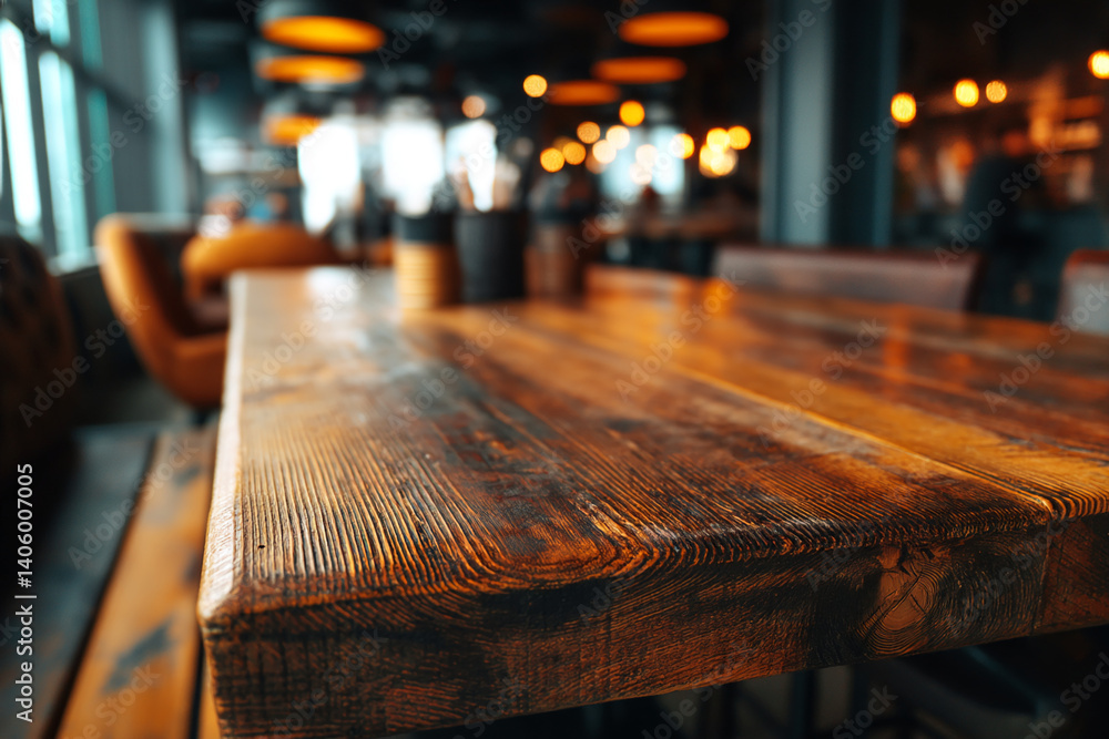 Poster close-up of dark brown wood grain texture, showcasing a rustic wooden table in a blurred cafe settin