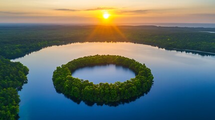 Sunset aerial perspective of a perfectly circular island in a calm blue lake embraced by rich green forests and a shimmering coastal view