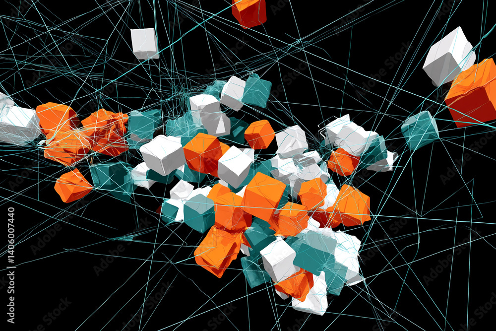 Poster abstract image of orange, white, and teal cubes entangled in a web-like structure against a black ba