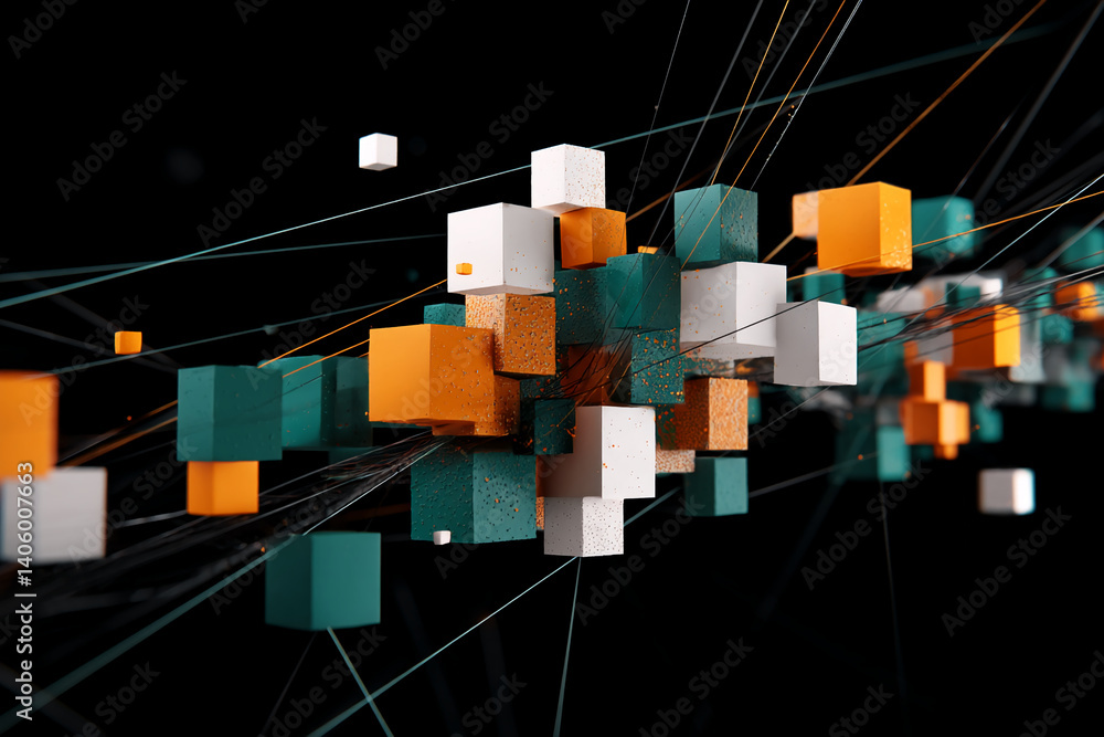 Poster abstract 3d rendering of interconnected cubes in teal, orange, and white against a black background,
