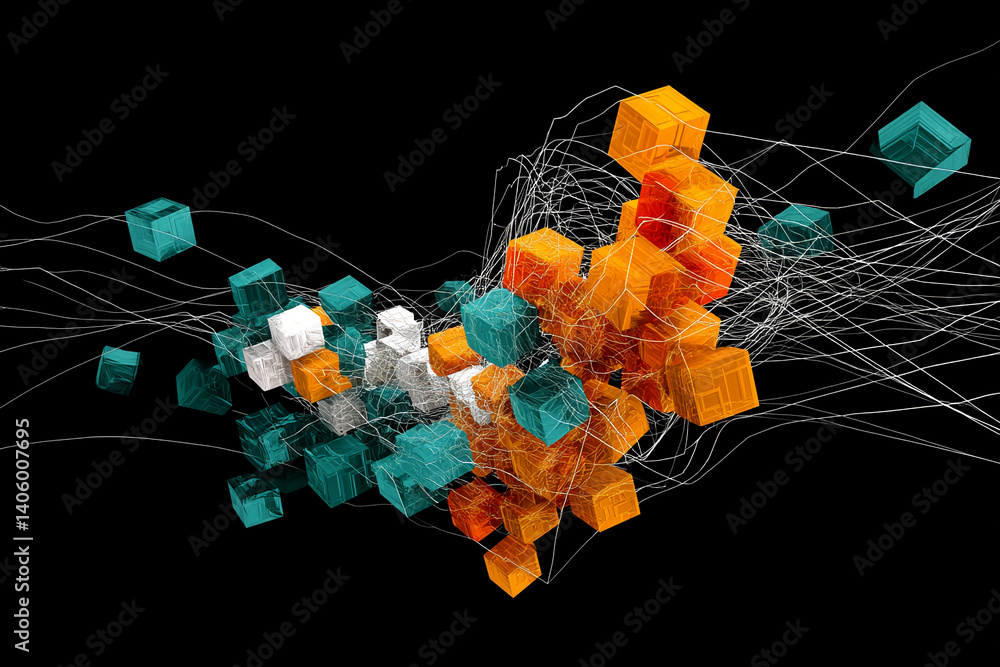 Aufkleber Abstract 3D rendering of interconnected orange, teal, and white cubes on a black background, creating a dynamic and complex network structure suitable for technology or connection concepts