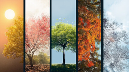Lone tree changing through four seasons, from summer to winter