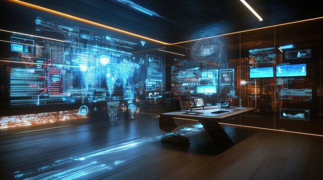 Modern office with holographic data displays showcasing innovative technology solutions.