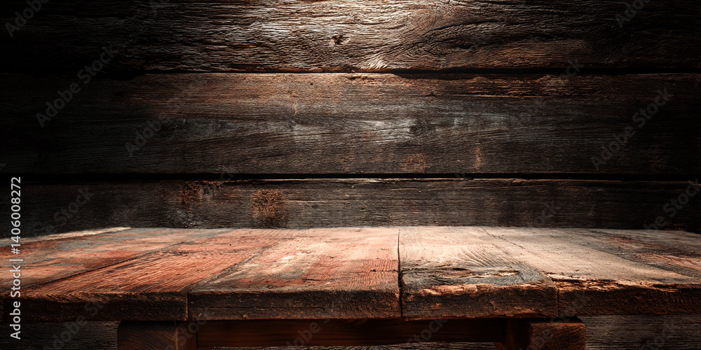 Poster rustic wooden table on dark wood background, showcasing a product display area, ideal for presenting