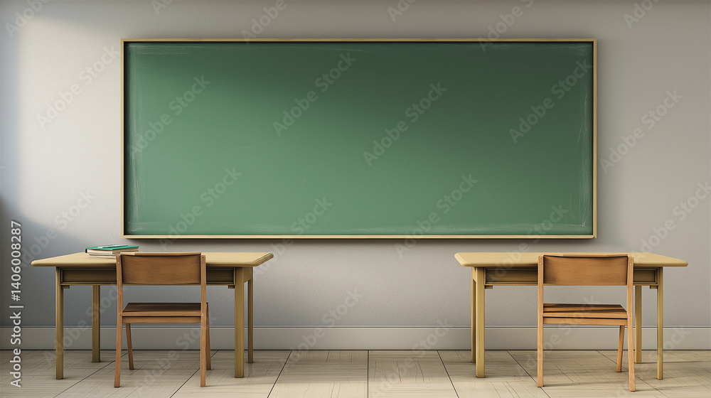 Poster Empty classroom with two desks and a blank chalkboard ready for studying