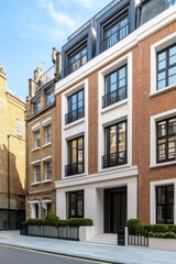 Obraz premium Modern urban building showcases sleek architecture and elegant design in a charming London neighborhood during a sunny day