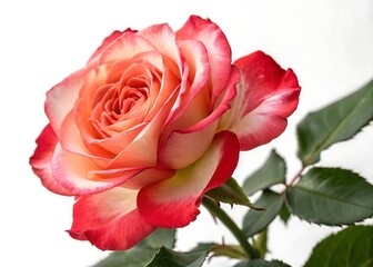 Close up of a peach and red rose with green leaves against a white background