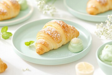 Delicious croissants with mint butter presented on pastel plates in a bright and airy setting